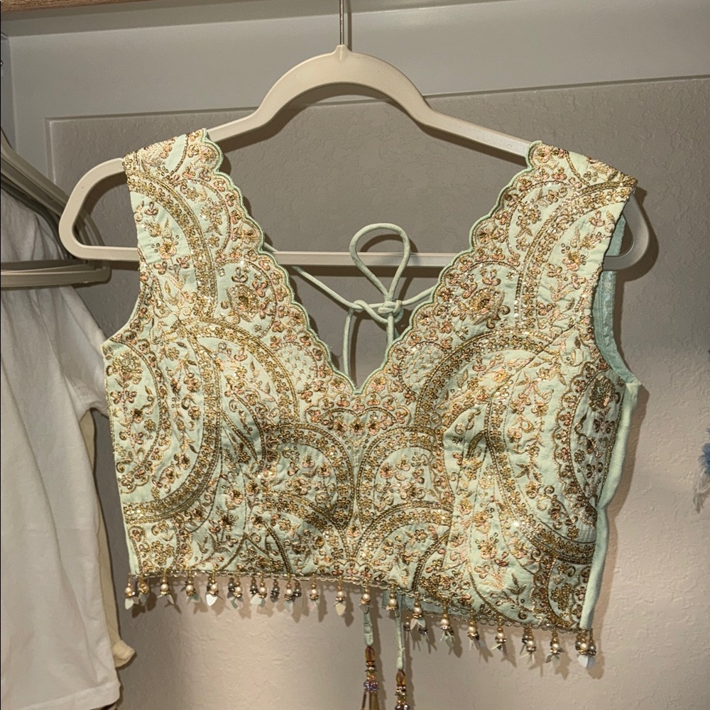 Elegant Mint Green Embroidered Lehenga - Picture 5 of 9